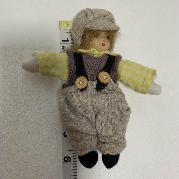 Vintage Doll 6" Small Child Boy Knit Overalls Hat - Picture 4 of 7